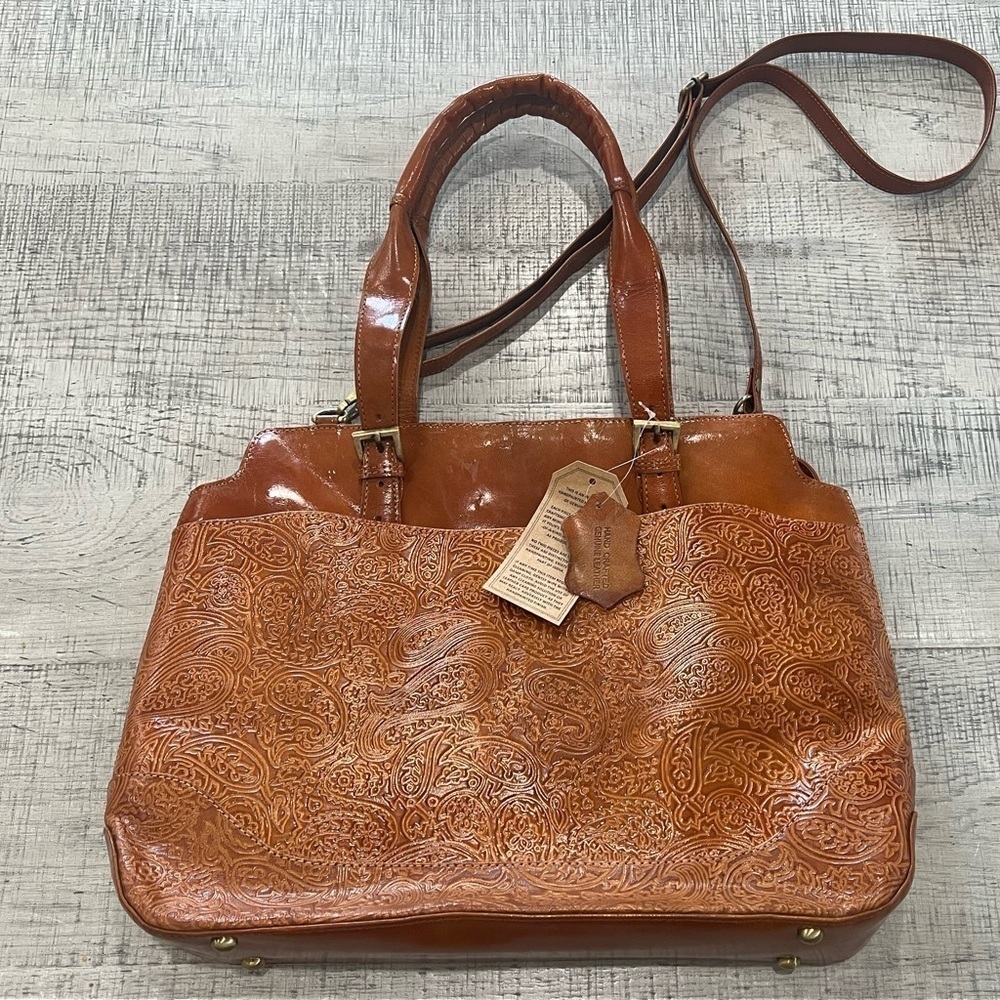 American Genius Leather Handbag w/ Removable Shoulder Strap, Tooled Paisley - Picture 8 of 15